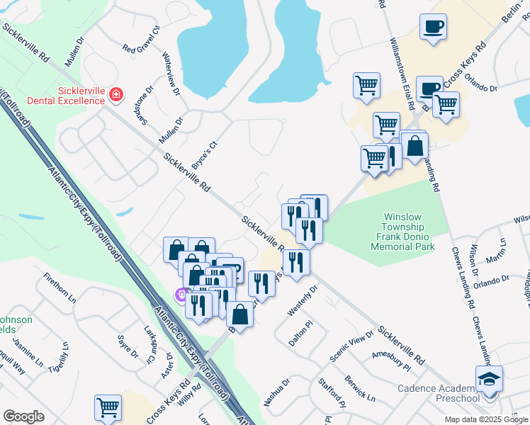 map of restaurants, bars, coffee shops, grocery stores, and more near 6 Latham Way in Sicklerville