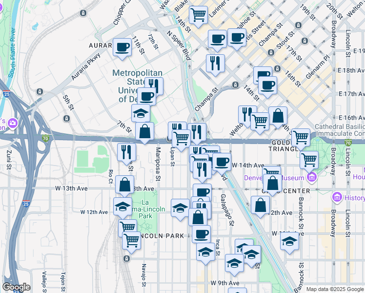 map of restaurants, bars, coffee shops, grocery stores, and more near in Denver