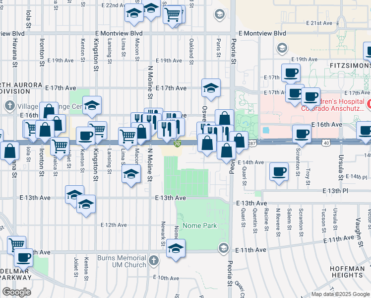 map of restaurants, bars, coffee shops, grocery stores, and more near 11712 East Colfax Avenue in Aurora