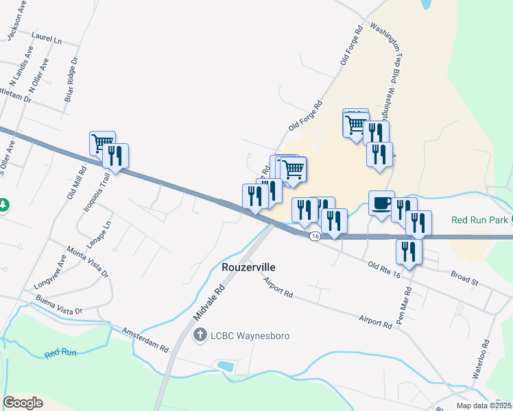 map of restaurants, bars, coffee shops, grocery stores, and more near 11105 Buchanan Trail East in Waynesboro