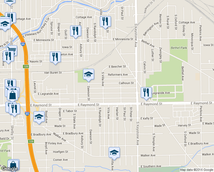 map of restaurants, bars, coffee shops, grocery stores, and more near 2013 Calhoun Street in Indianapolis