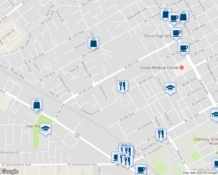 map of restaurants, bars, coffee shops, grocery stores, and more near 810 Greenwich Drive in Chico