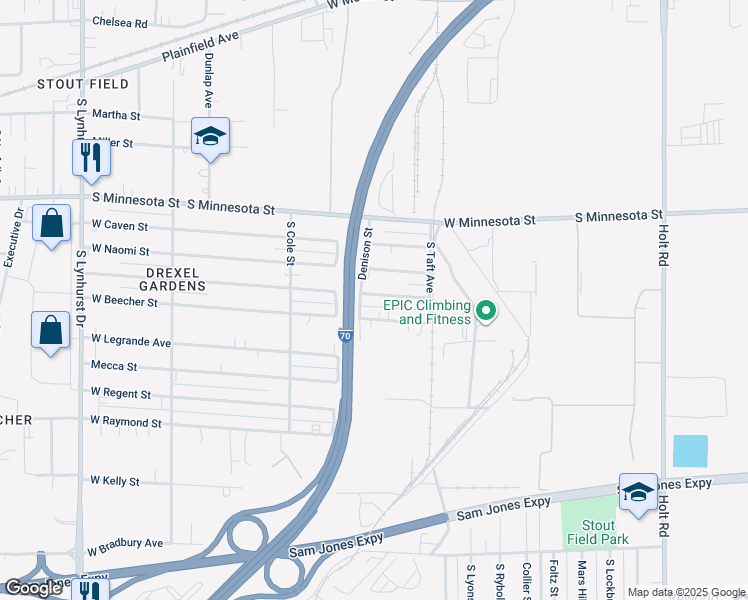 map of restaurants, bars, coffee shops, grocery stores, and more near 4630 West Beecher Street in Indianapolis