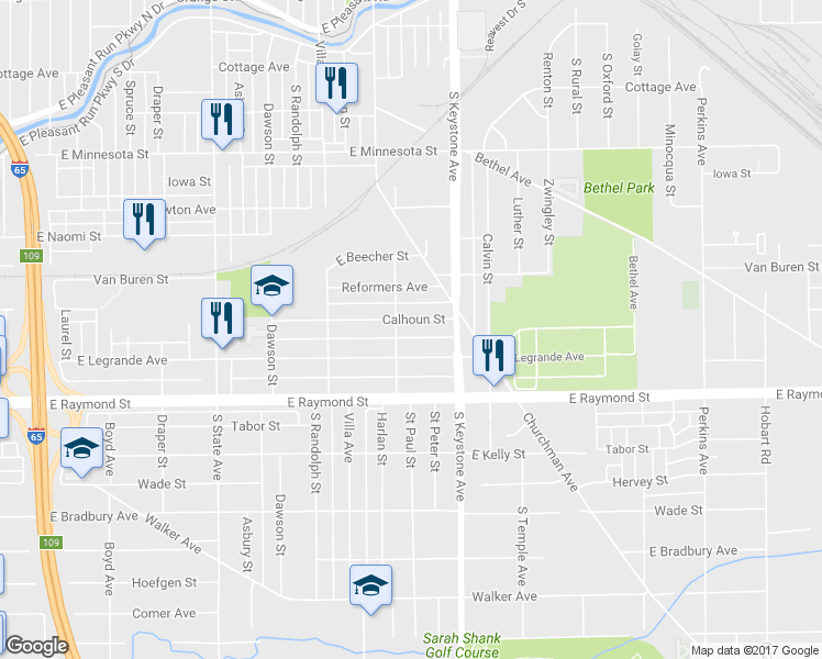 map of restaurants, bars, coffee shops, grocery stores, and more near 2313 Calhoun Street in Indianapolis