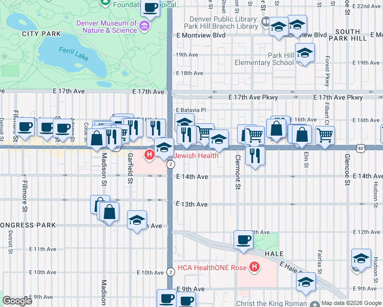 map of restaurants, bars, coffee shops, grocery stores, and more near 1469 Ash Street in Denver