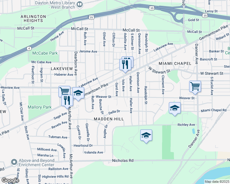 map of restaurants, bars, coffee shops, grocery stores, and more near 2319 Weaver Street in Dayton