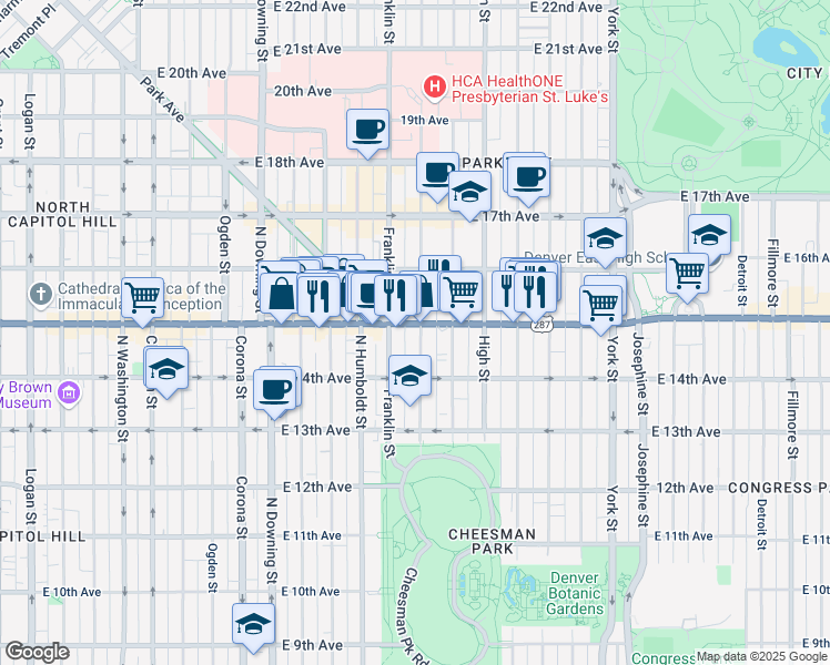 map of restaurants, bars, coffee shops, grocery stores, and more near in Denver