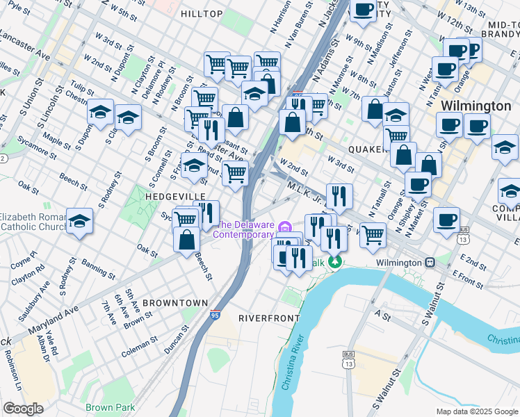 map of restaurants, bars, coffee shops, grocery stores, and more near 200 Maryland Avenue in Wilmington