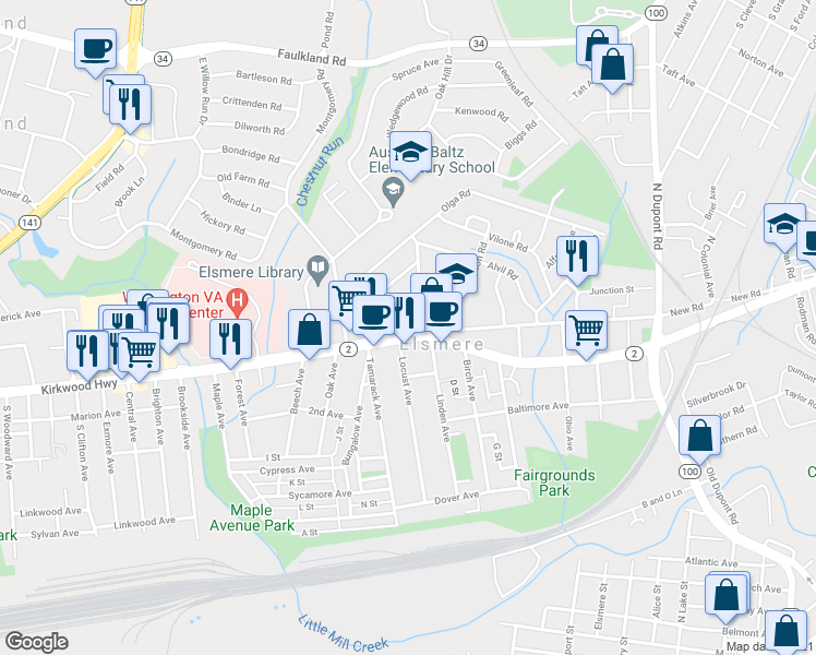 map of restaurants, bars, coffee shops, grocery stores, and more near 1107 Kirkwood Hwy in Wilmington