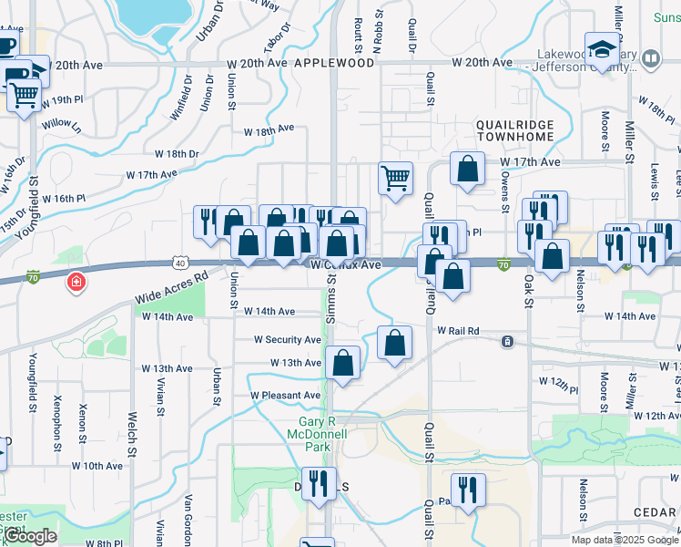 map of restaurants, bars, coffee shops, grocery stores, and more near 1464 Simms Street in Lakewood