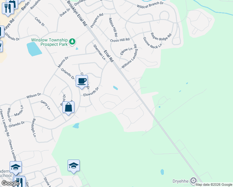 map of restaurants, bars, coffee shops, grocery stores, and more near 108 Carissa Ln in Winslow Township