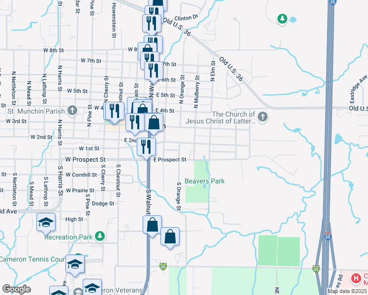 map of restaurants, bars, coffee shops, grocery stores, and more near 107 South Orange Street in Cameron