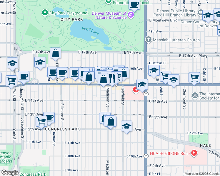 map of restaurants, bars, coffee shops, grocery stores, and more near 1488 Madison Street in Denver