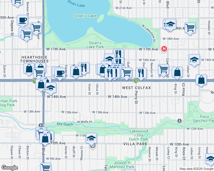 map of restaurants, bars, coffee shops, grocery stores, and more near 1448 Tennyson Street in Denver