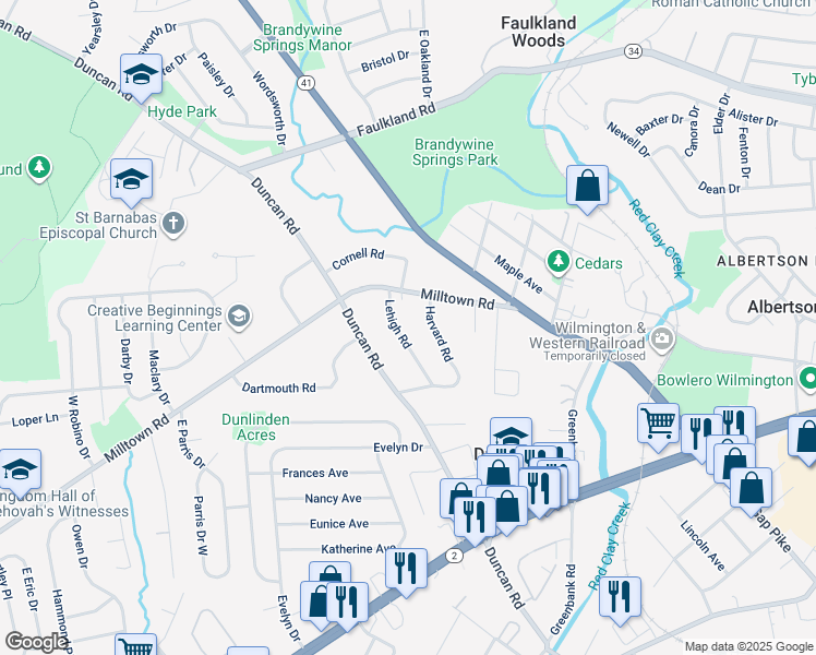 map of restaurants, bars, coffee shops, grocery stores, and more near 5 Lehigh Road in Wilmington