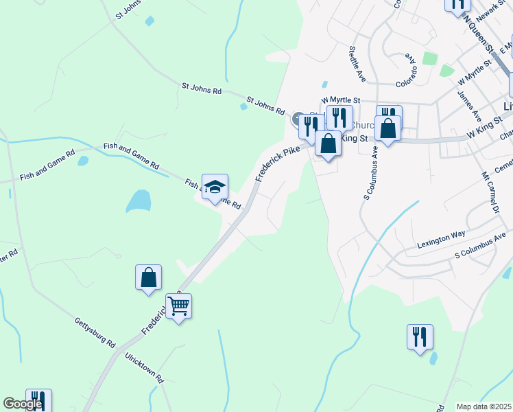 map of restaurants, bars, coffee shops, grocery stores, and more near 1056 Frederick Pike in Littlestown