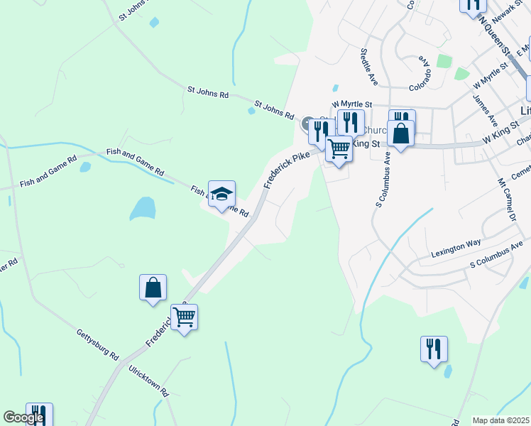 map of restaurants, bars, coffee shops, grocery stores, and more near 1056 Frederick Pike in Littlestown