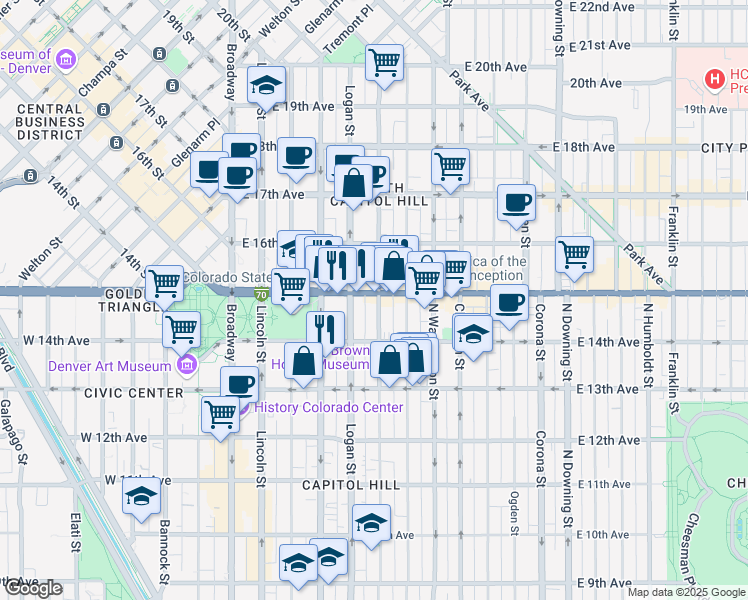 map of restaurants, bars, coffee shops, grocery stores, and more near 1477 Pennsylvania Street in Denver