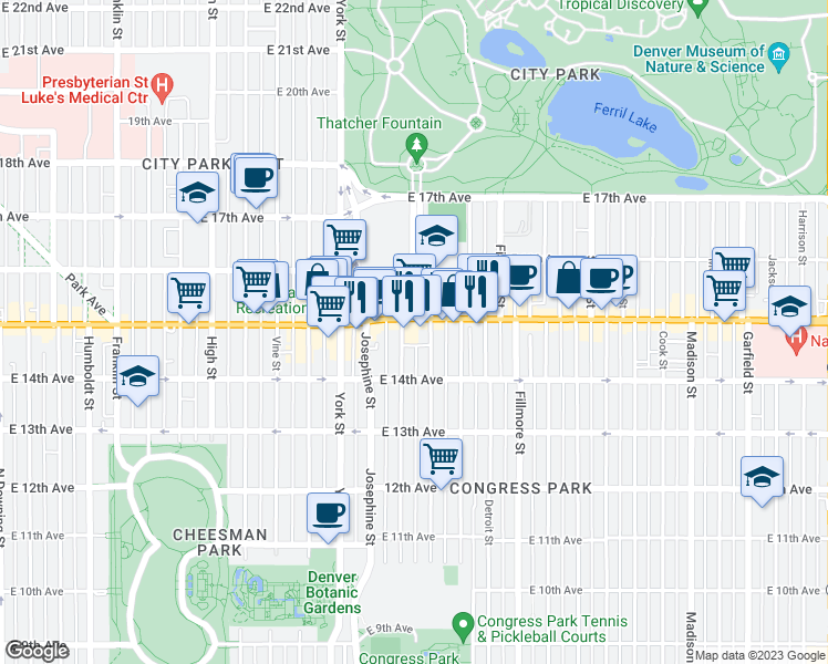 map of restaurants, bars, coffee shops, grocery stores, and more near 2510 East Colfax Avenue in Denver