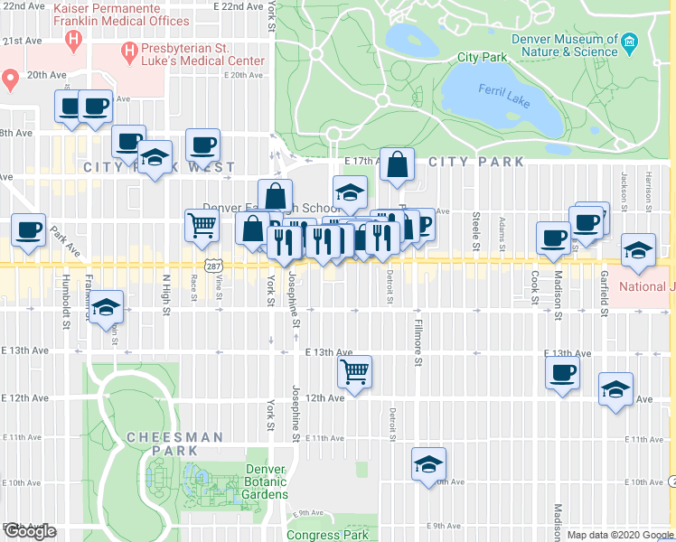 map of restaurants, bars, coffee shops, grocery stores, and more near 2526 East Colfax Avenue in Denver