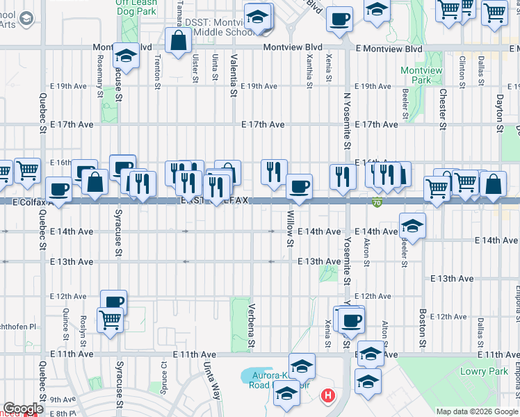 map of restaurants, bars, coffee shops, grocery stores, and more near 1446 Verbena Street in Denver