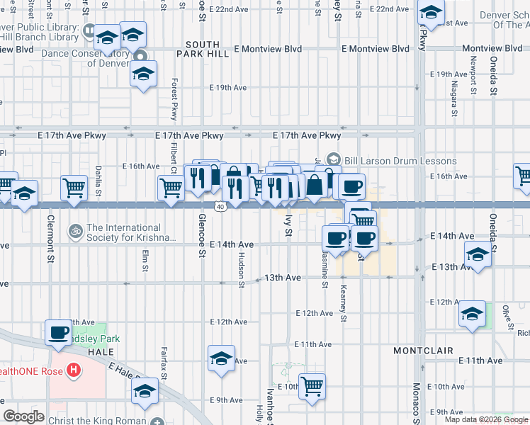 map of restaurants, bars, coffee shops, grocery stores, and more near 1465 Ivanhoe Street in Denver