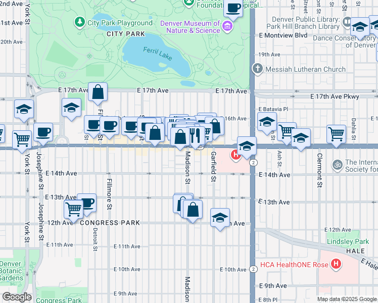 map of restaurants, bars, coffee shops, grocery stores, and more near in Denver