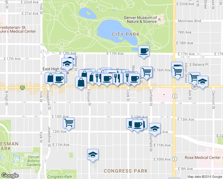 map of restaurants, bars, coffee shops, grocery stores, and more near 1464 Steele Street in Denver