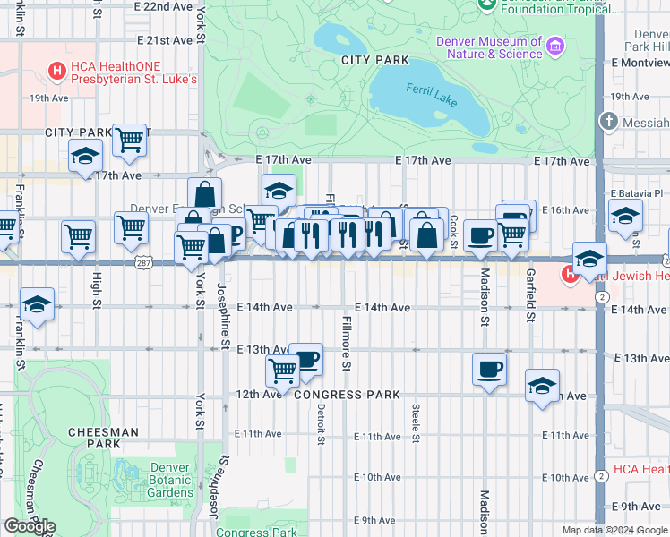 map of restaurants, bars, coffee shops, grocery stores, and more near in Denver