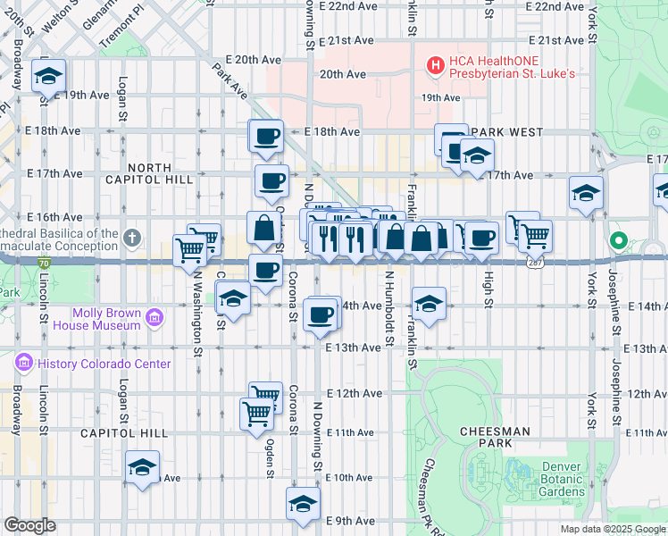 map of restaurants, bars, coffee shops, grocery stores, and more near 1452 North Marion Street in Denver