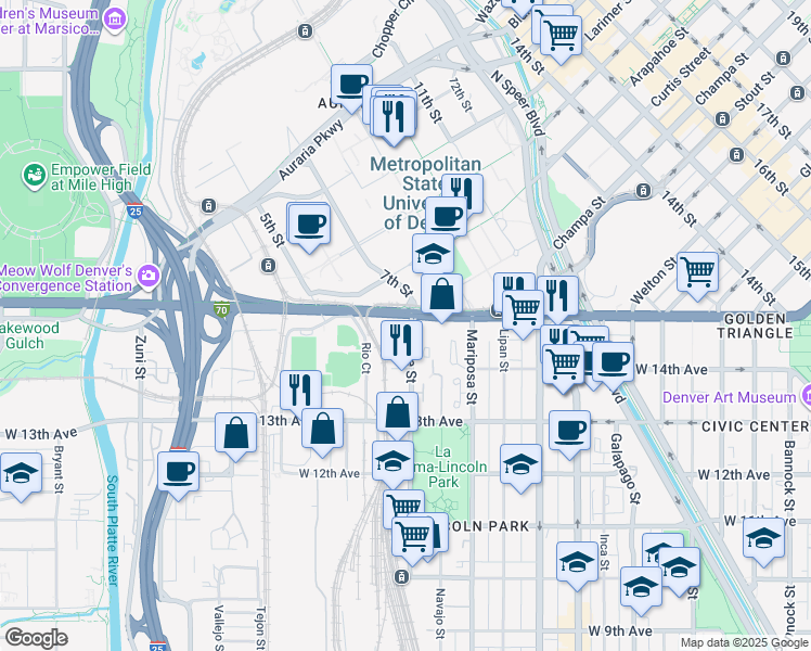 map of restaurants, bars, coffee shops, grocery stores, and more near 1408 West Colfax Avenue in Denver