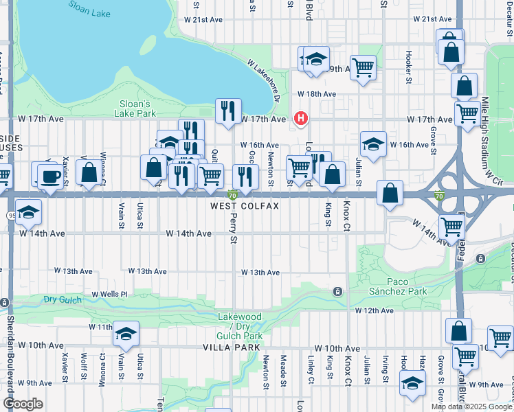 map of restaurants, bars, coffee shops, grocery stores, and more near 1459 Newton Street in Denver