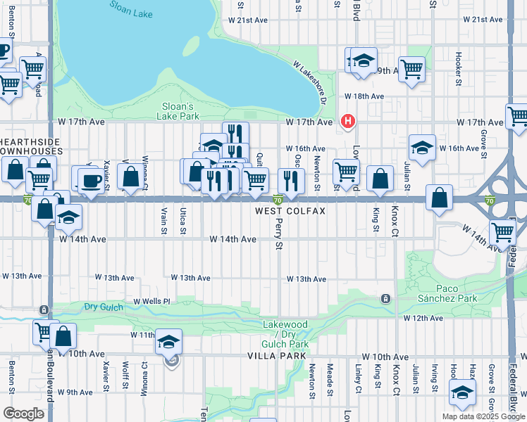 map of restaurants, bars, coffee shops, grocery stores, and more near 1464 Quitman Street in Denver