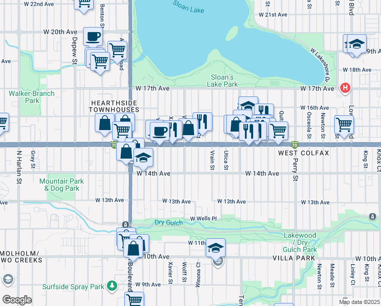 map of restaurants, bars, coffee shops, grocery stores, and more near 1461 Winona Court in Denver