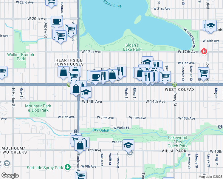 map of restaurants, bars, coffee shops, grocery stores, and more near 1461 Winona Court in Denver