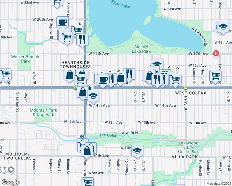 map of restaurants, bars, coffee shops, grocery stores, and more near 1452 Xavier Street in Denver