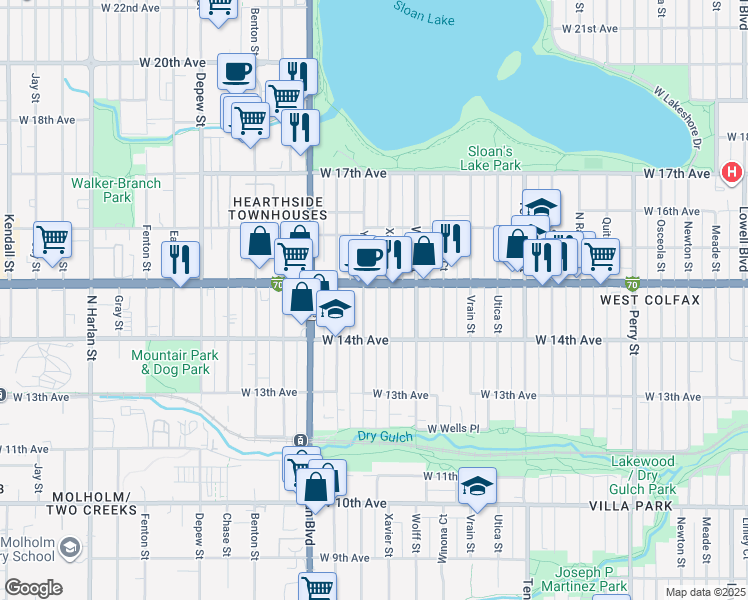 map of restaurants, bars, coffee shops, grocery stores, and more near 1457 Yates Street in Denver
