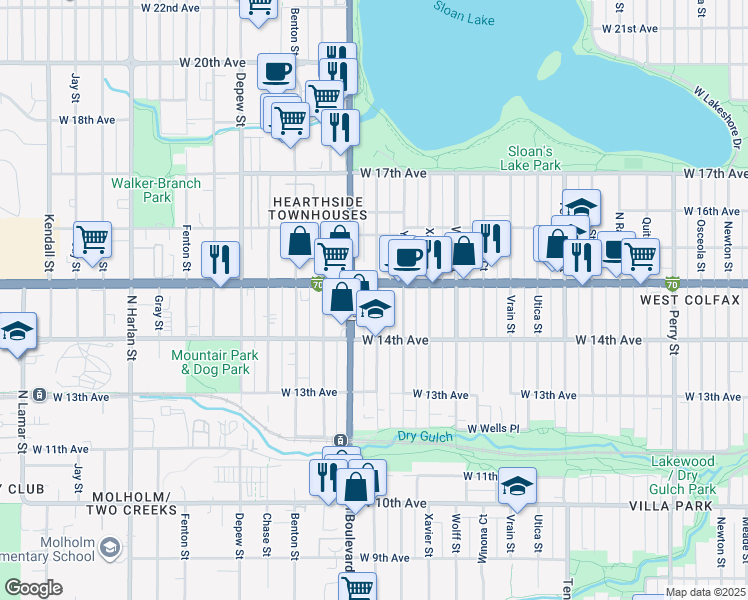 map of restaurants, bars, coffee shops, grocery stores, and more near 1453 Zenobia Street in Denver