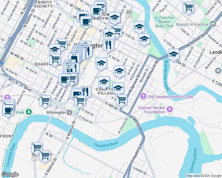 map of restaurants, bars, coffee shops, grocery stores, and more near 518 East 6th Street in Wilmington