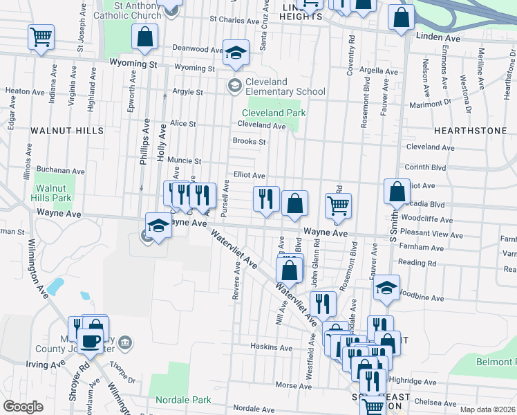 map of restaurants, bars, coffee shops, grocery stores, and more near in Dayton