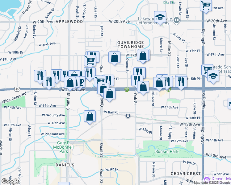 map of restaurants, bars, coffee shops, grocery stores, and more near 11080 West Colfax Avenue in Lakewood