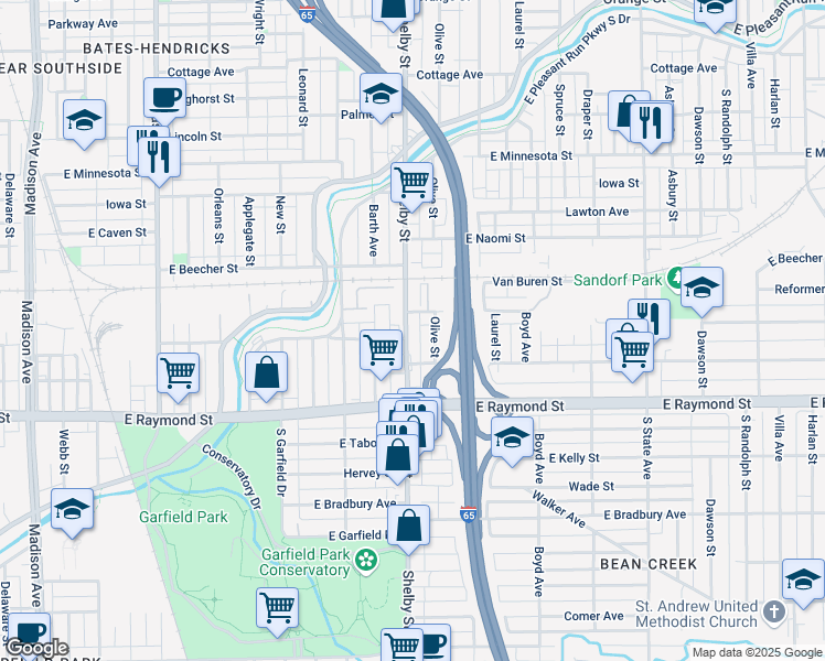 map of restaurants, bars, coffee shops, grocery stores, and more near 2032 South Olive Street in Indianapolis