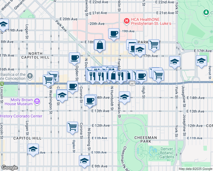 map of restaurants, bars, coffee shops, grocery stores, and more near in Denver