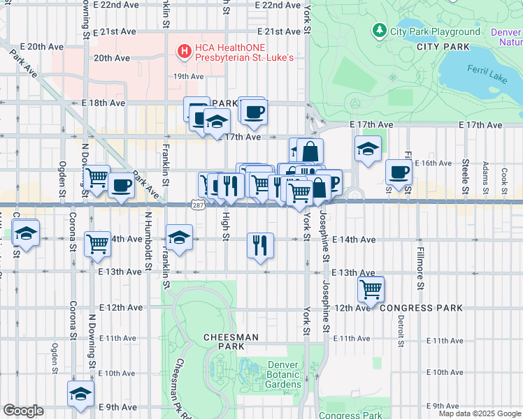 map of restaurants, bars, coffee shops, grocery stores, and more near 1455 Vine Street in Denver