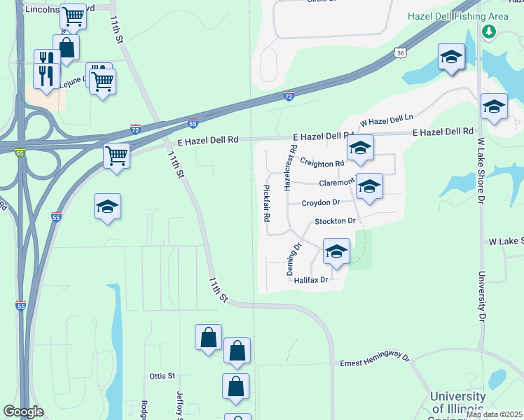 map of restaurants, bars, coffee shops, grocery stores, and more near 4133 Pickfair Road in Springfield