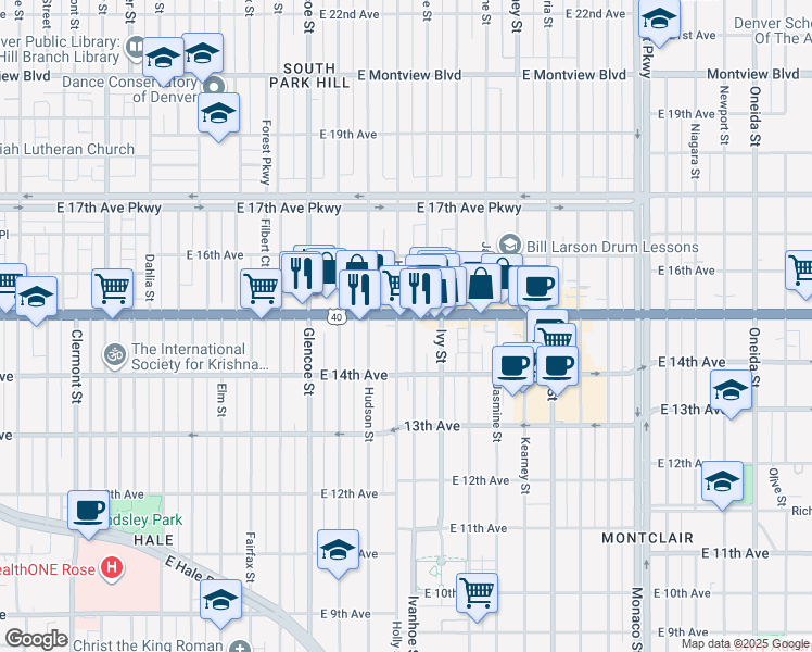 map of restaurants, bars, coffee shops, grocery stores, and more near 1465 Ivanhoe Street in Denver