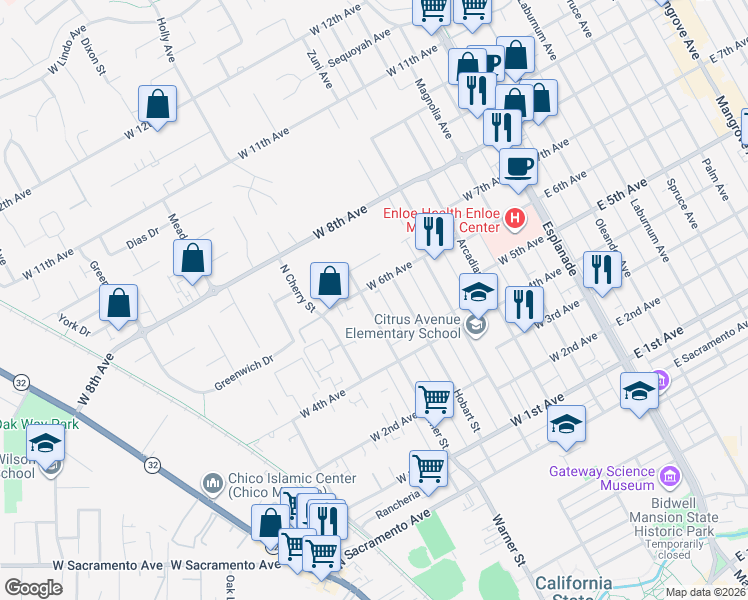 map of restaurants, bars, coffee shops, grocery stores, and more near 1527 Warner Street in Chico