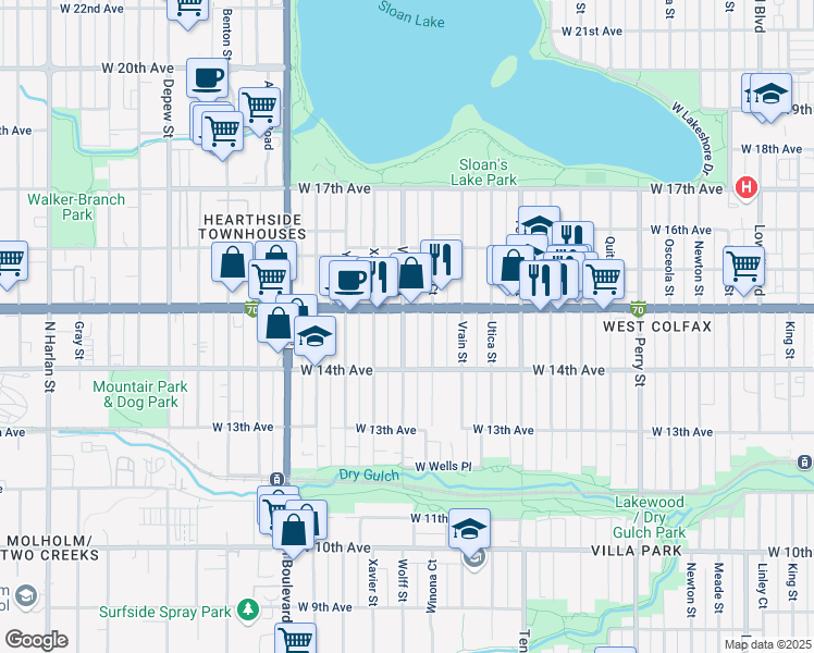 map of restaurants, bars, coffee shops, grocery stores, and more near 1461 Winona Court in Denver