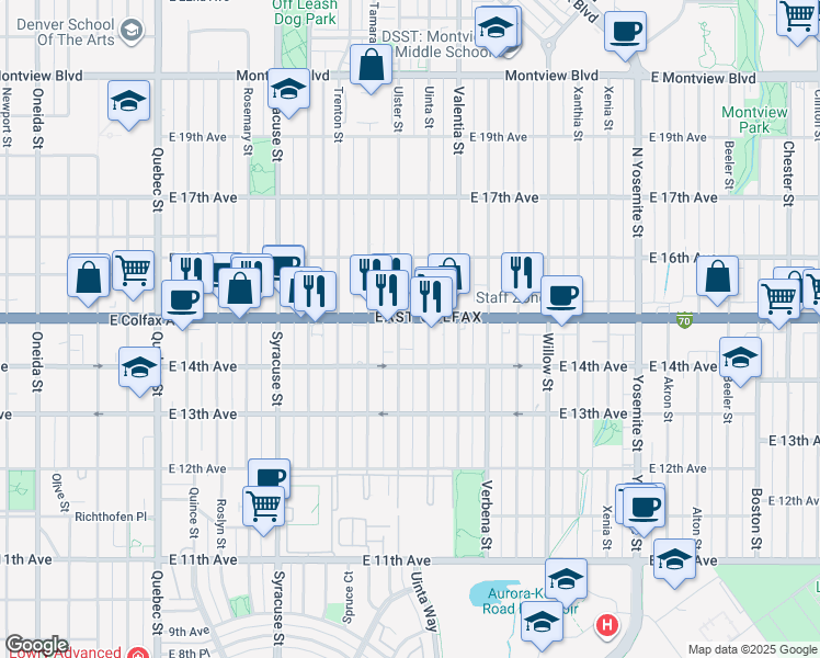 map of restaurants, bars, coffee shops, grocery stores, and more near 1435 Uinta Street in Denver