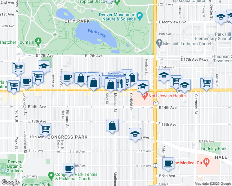 map of restaurants, bars, coffee shops, grocery stores, and more near 1456 Madison Street in Denver